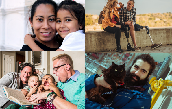 A collage of 4 photos showing familoes
1) A young women with her daughter. Ethnicity unclear.
2) A young man and woman  outside. The man uses a prosthetic leg.
3) A family with two fathers and two children. The fathers and son appear to be white. One child appears to be mixed-ethnicity.
4) A man with a black cat.
